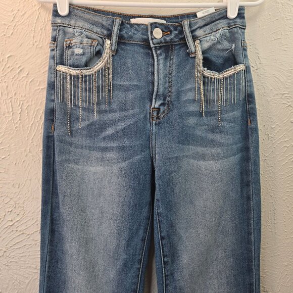 Risen Embellsied Flare Jeans High Waisted Dark Blue Wash Stretch Denim Size 26 - Picture 3 of 12